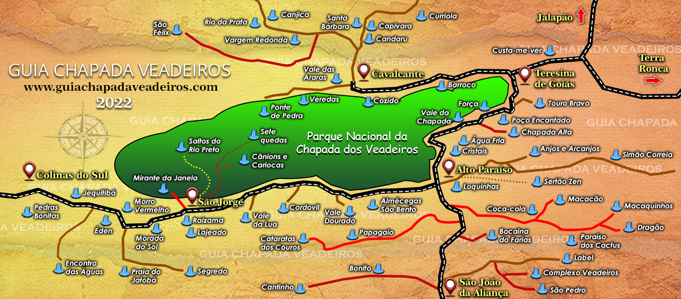 Mapa ilustrado da Chapada dos Veadeiros com cachoeiras e núcleos urbanos.