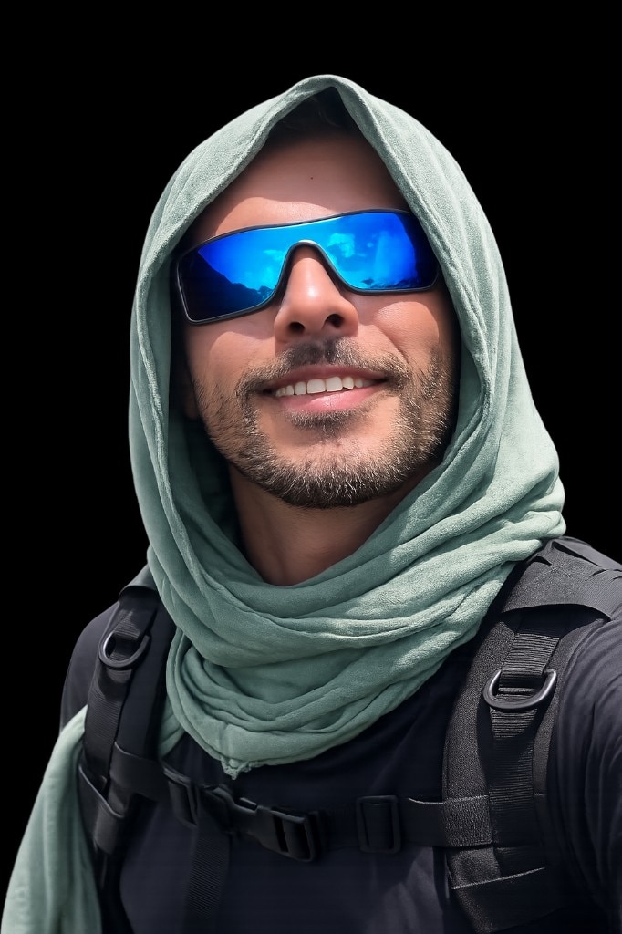 Diego Navi, condutor de ecoturismo credenciado Cadastur na Chapada dos Veadeiros, com lenço verde, óculos espelhados azuis e mochila de trilha